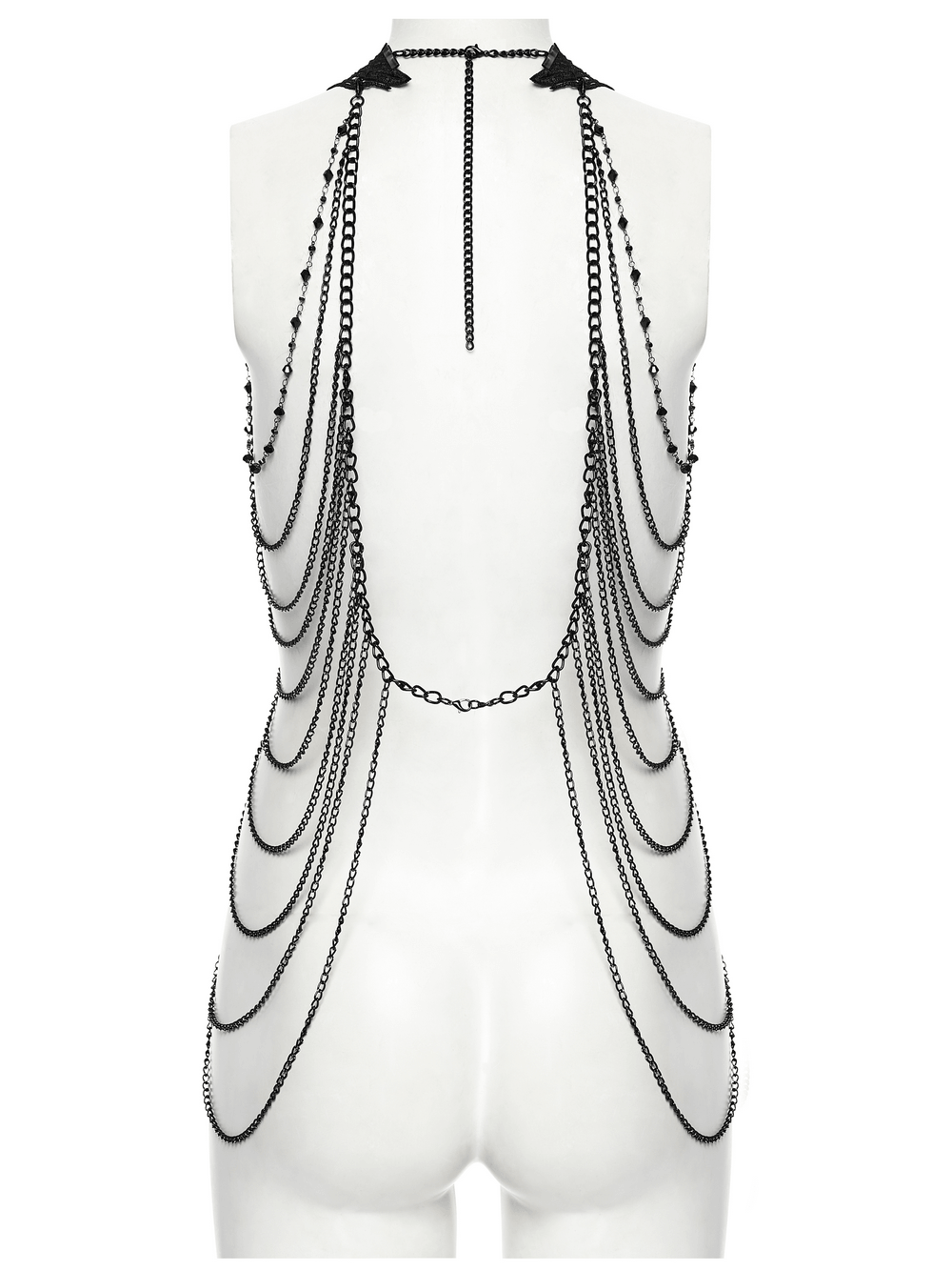 Gothic Skull Chain Body Harness with Lace Details showcasing intricate chains, lace, and skull accents on the back.
