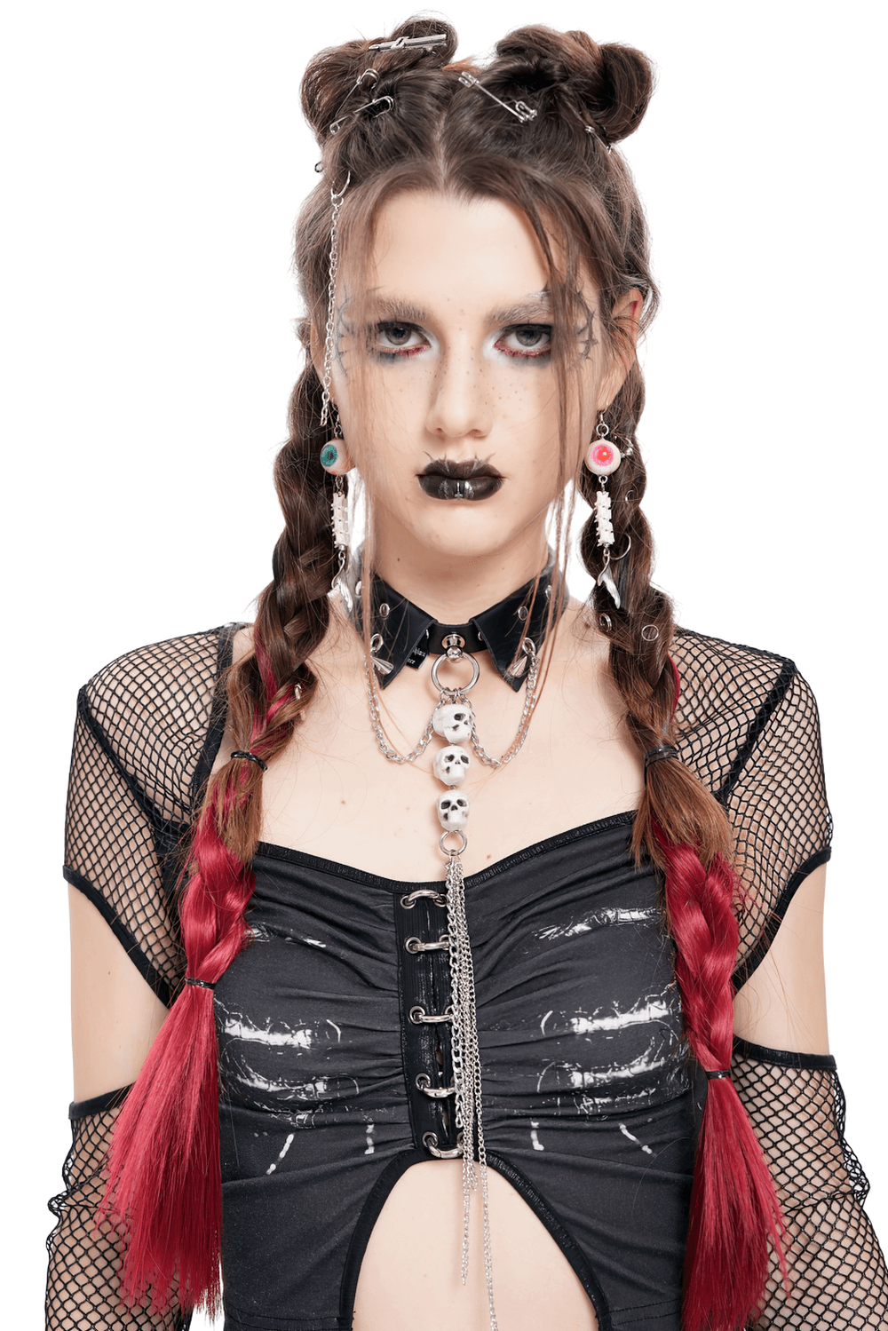 Model showcasing gothic skull chain choker necklace with faux leather collar in punk rock style.