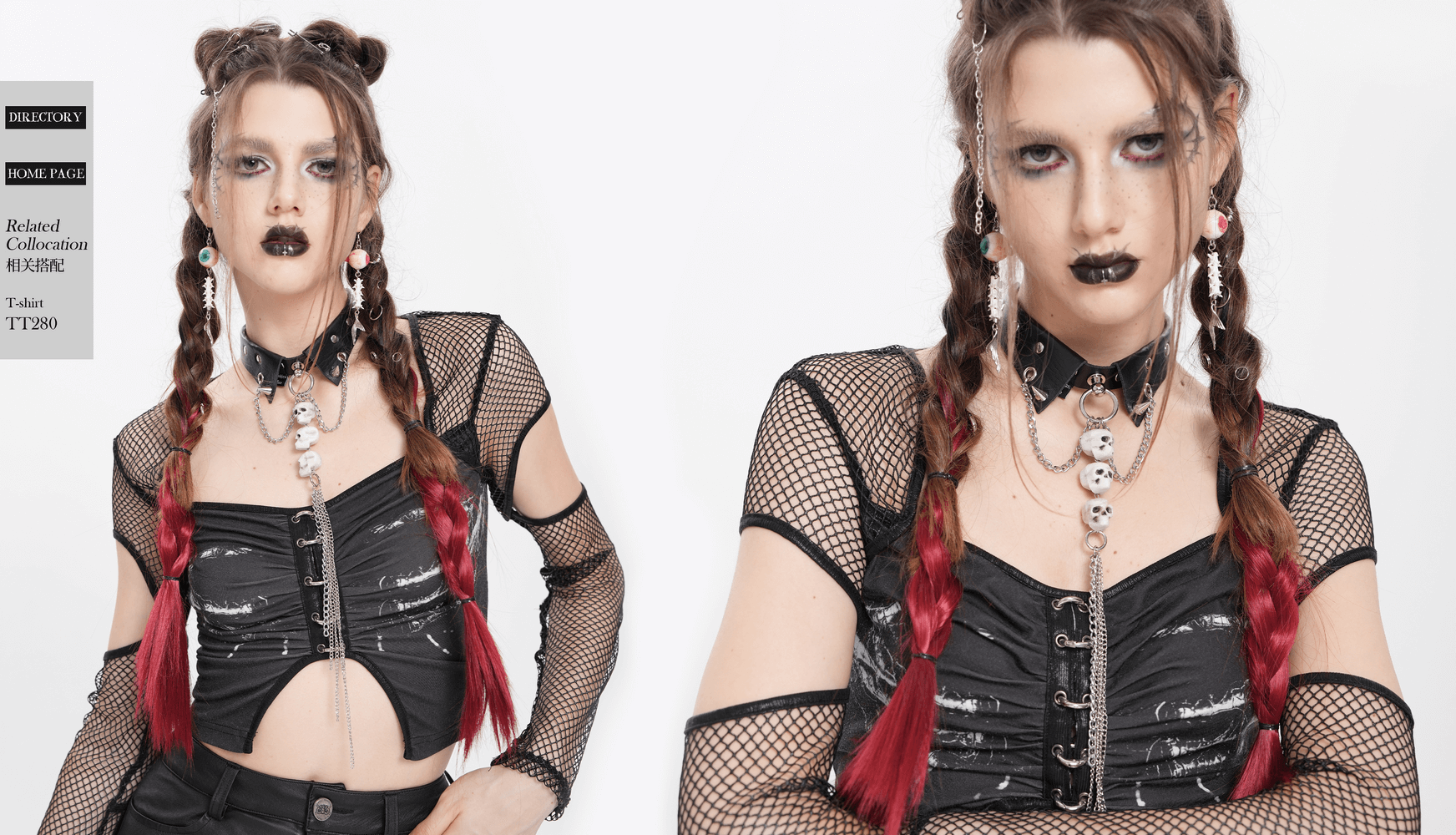 Model wearing a Gothic Skull Chain Choker with faux leather collar and edgy punk rock outfit.