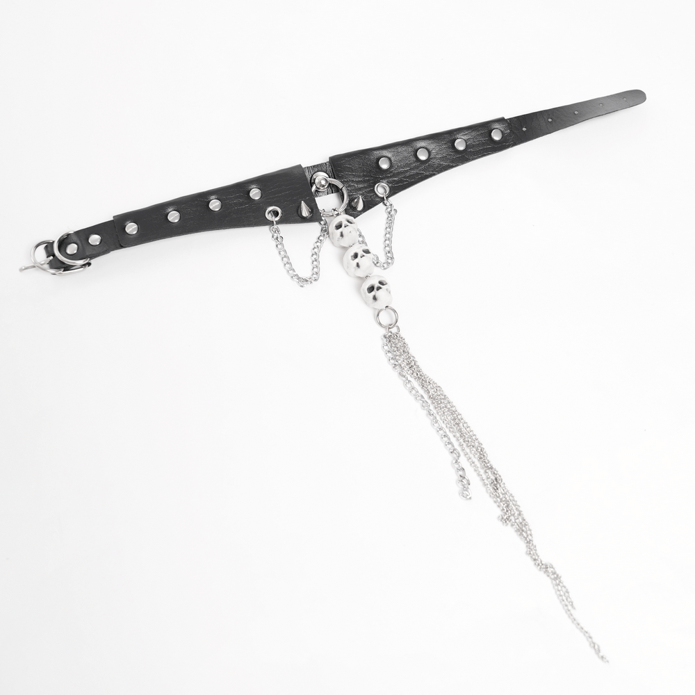 Gothic skull chain choker with faux leather collar and silver-tone chains, perfect for punk and goth styles.
