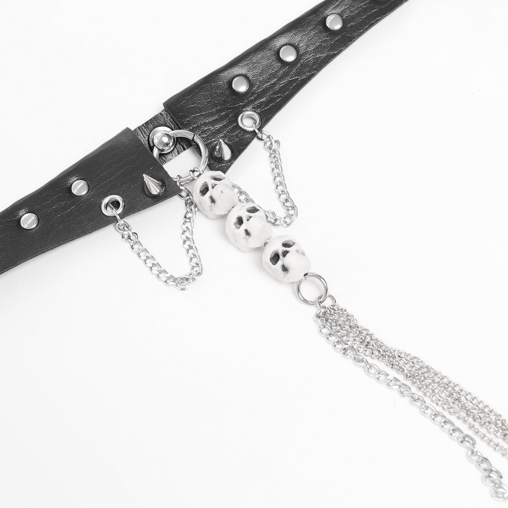 Gothic skull chain choker featuring a faux leather collar with silver chains and detailed skull charms.