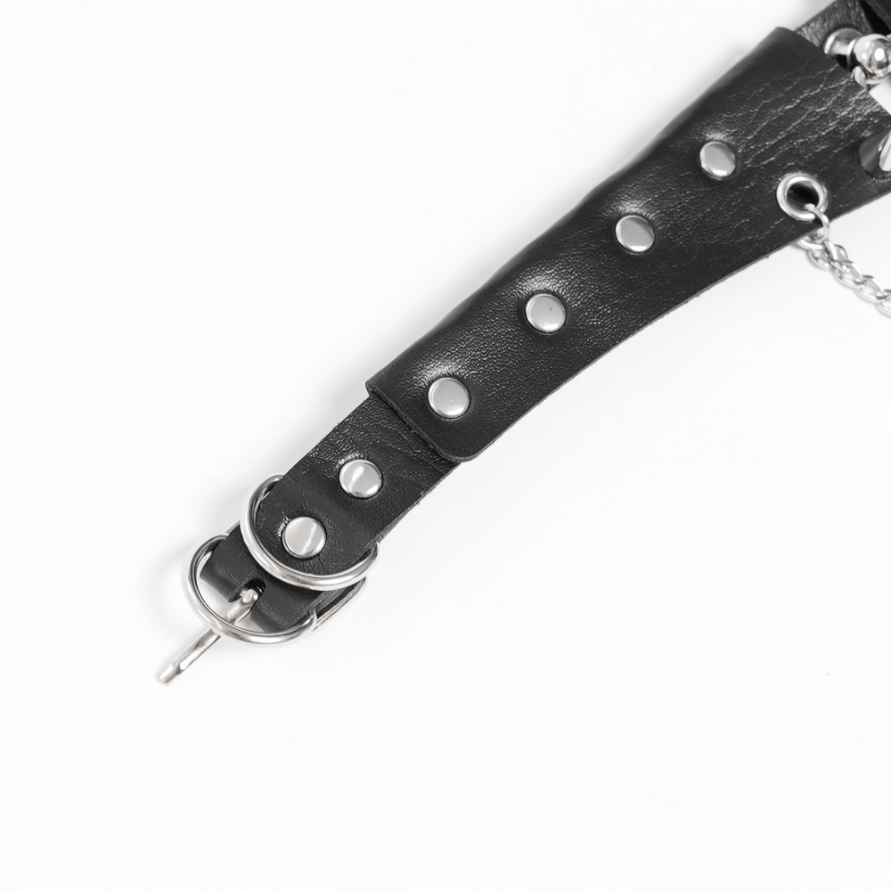 Black faux leather strap of Gothic Skull Chain Choker with metal studs and buckle closure, perfect for punk and goth style.