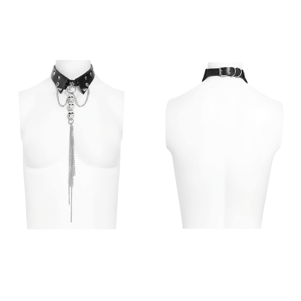 Gothic skull chain choker necklace featuring faux leather collar and silver-tone chains on a mannequin.