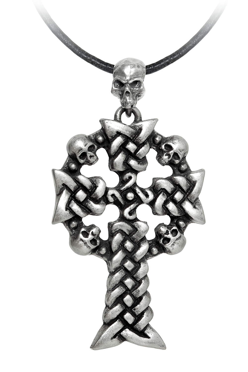 Gothic Skull Cross Pendant with Celtic Knot Design showcasing intricate knotwork and bold skull details.