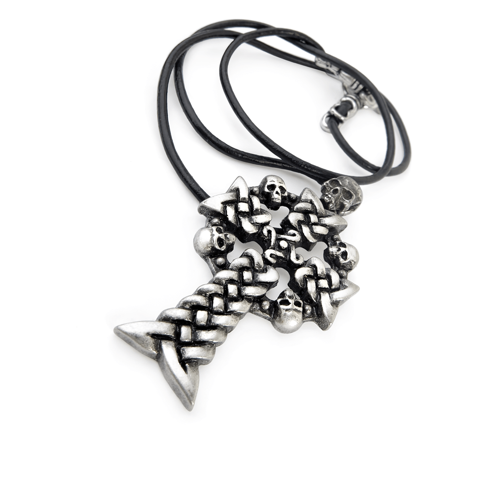 Gothic Skull Cross Pendant with Celtic Knot Design featuring intricate skull accents and leather cord.