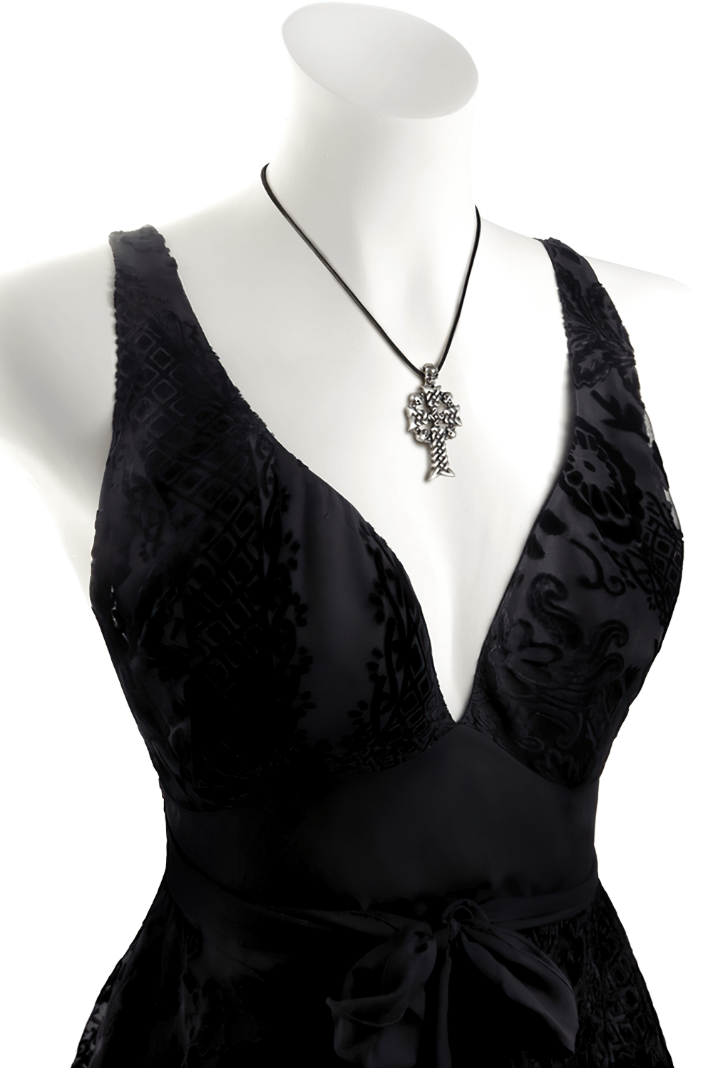 Gothic Skull Cross Pendant with Celtic Knot Design showcased on a black dress mannequin.