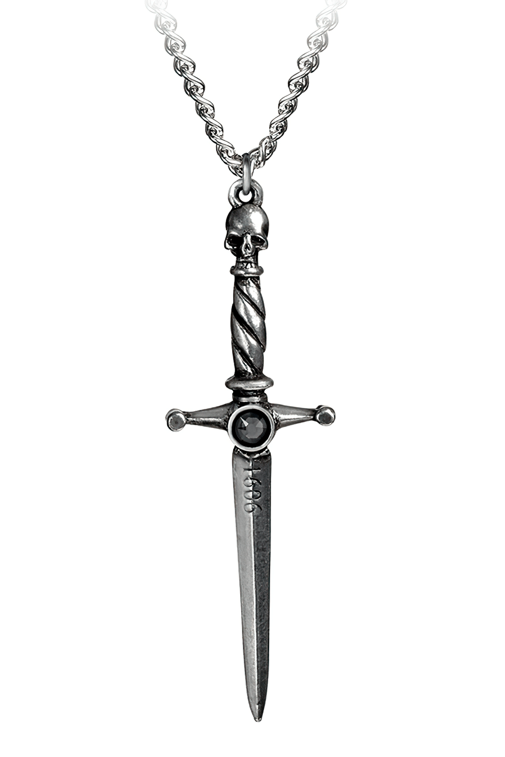 Gothic skull dagger pendant with black gemstone on a chain, inspired by Macbeth's ambition and dark fashion.