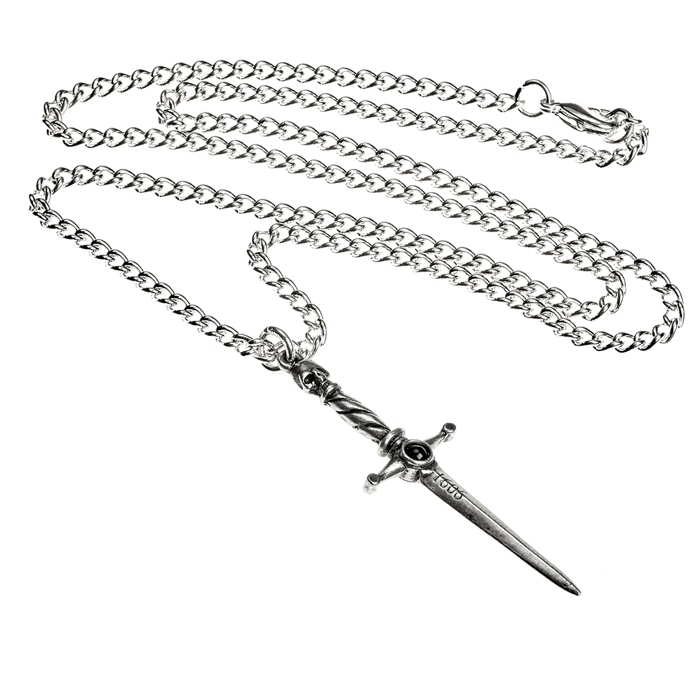 Gothic skull dagger pendant with chain, featuring twisted hilt and black gemstone, perfect for dark fashion.