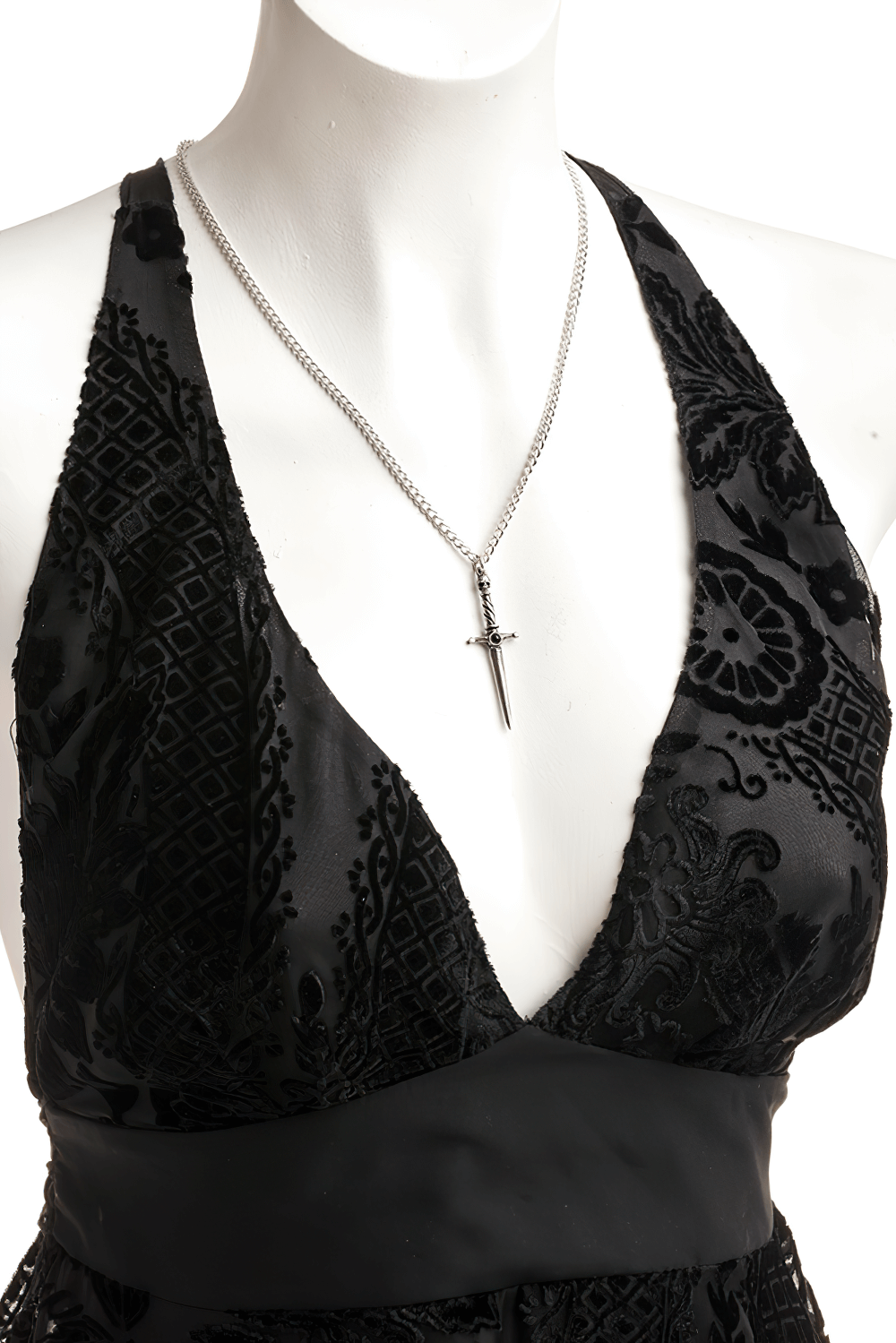 Gothic Skull Dagger Pendant with black gemstone worn on a black dress, perfect for dark fashion and cosplay.