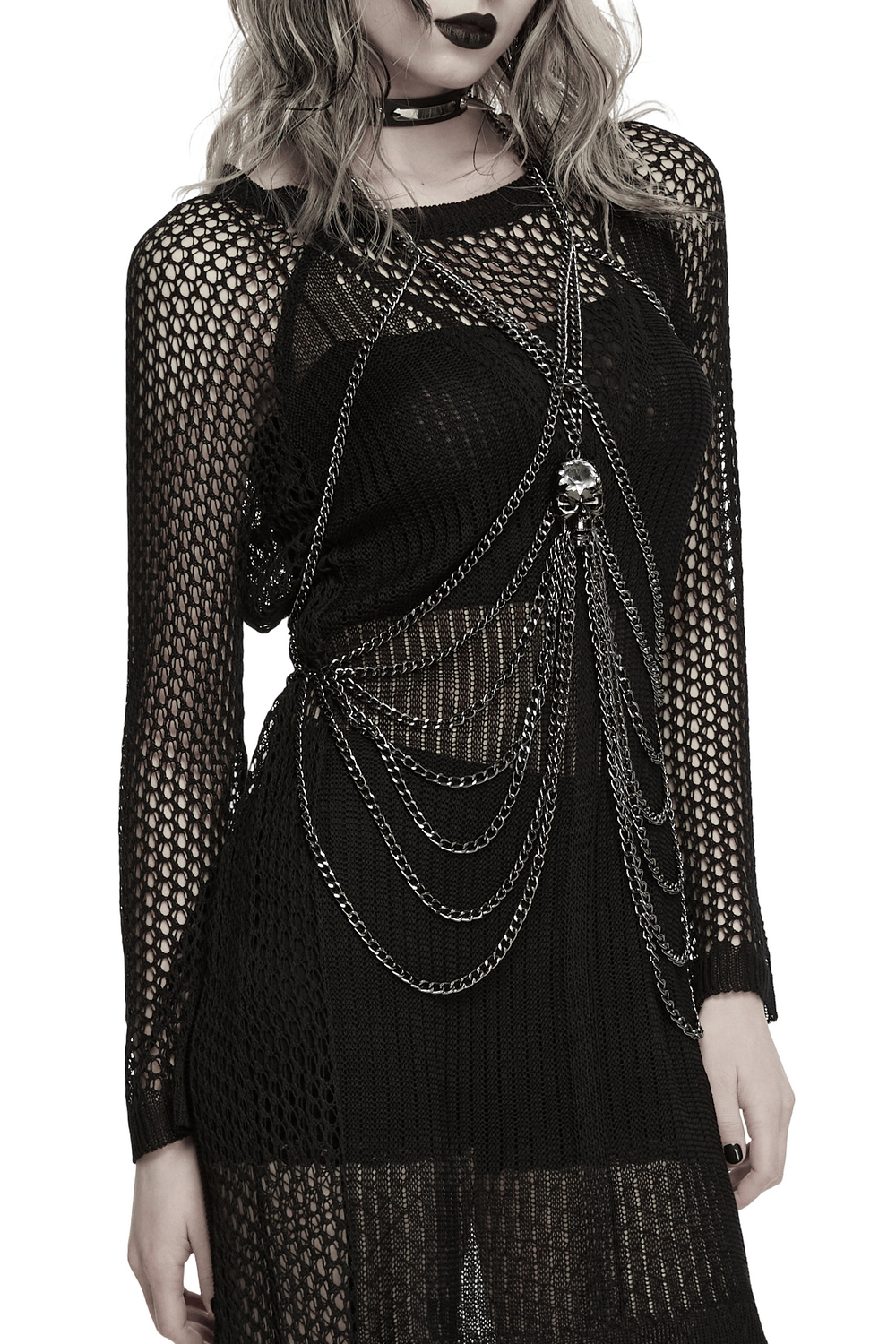 Gothic Skull Draped Body Chain Harness Jewelry worn with a black mesh outfit, showcasing edgy layered chains and skull detail.