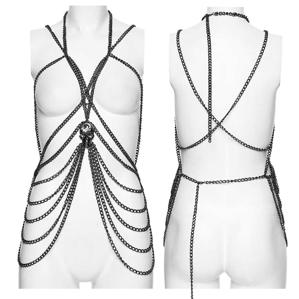 Gothic Skull Draped Body Chain Harness Jewelry featuring layered chains and skull centerpiece on a mannequin.