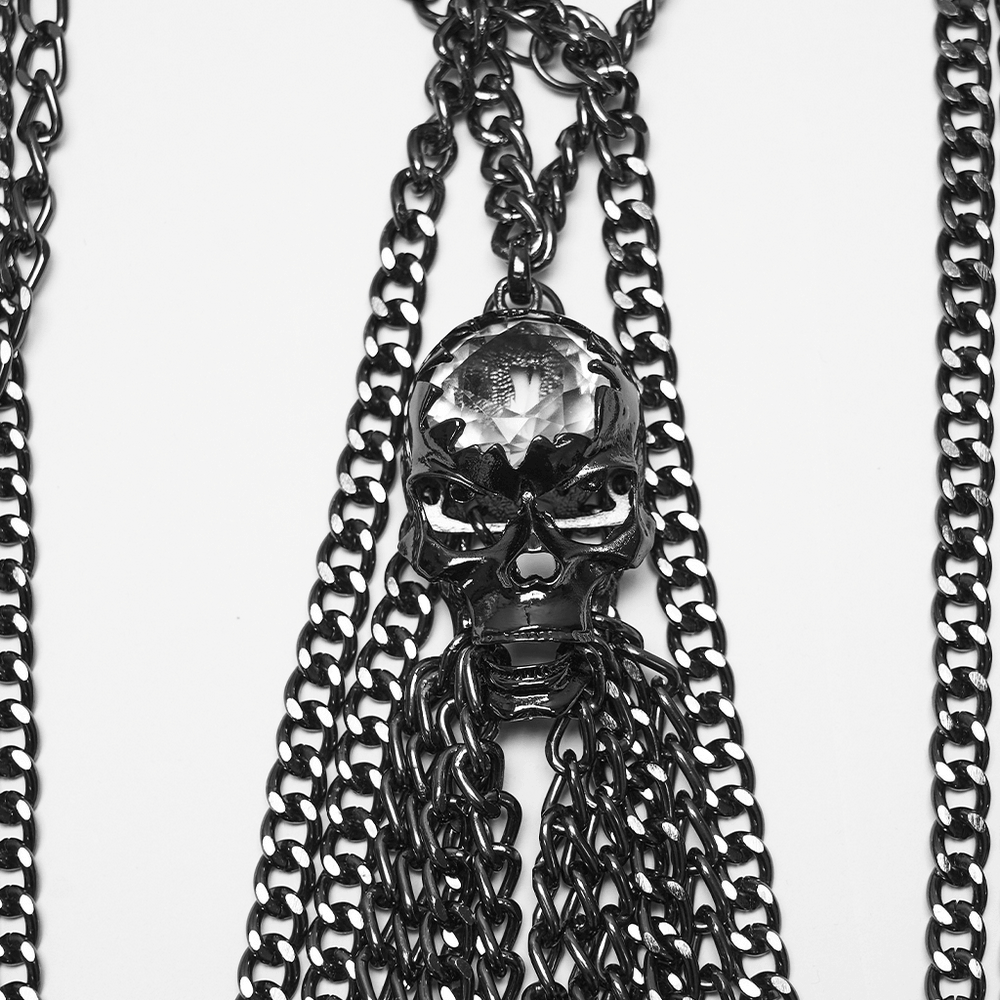 Gothic Skull Draped Body Chain Harness Jewelry featuring a stunning skull centerpiece with layered chains.