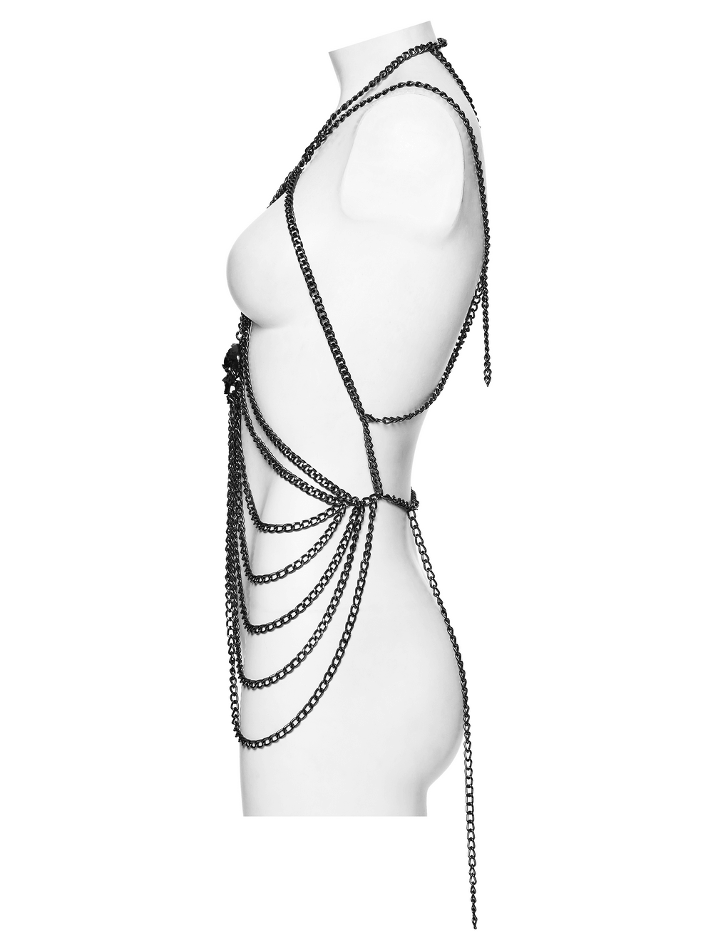 Gothic Skull Draped Body Chain Harness Jewelry displayed on a mannequin, showcasing antique-tone layered chains.