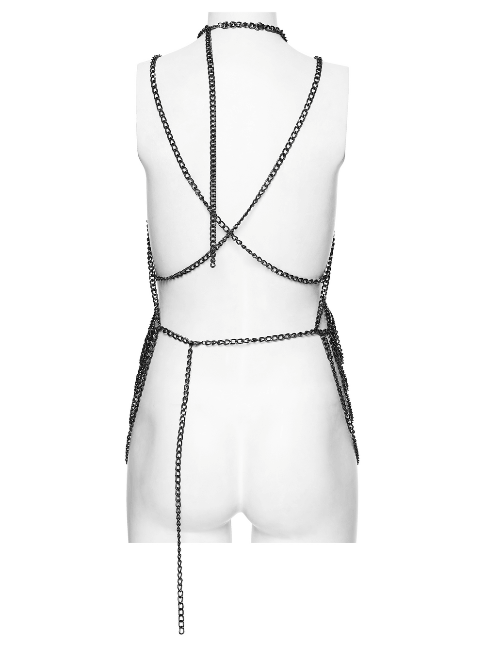 Gothic Skull Draped Body Chain Harness Jewelry showcased from the back on a mannequin, featuring layered antique-tone chains.