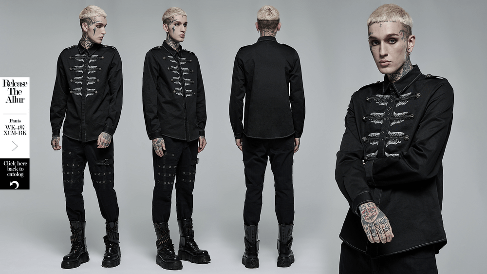 Gothic Skull Embroidered Slim Fit Punk Shirt - HARD'N'HEAVY