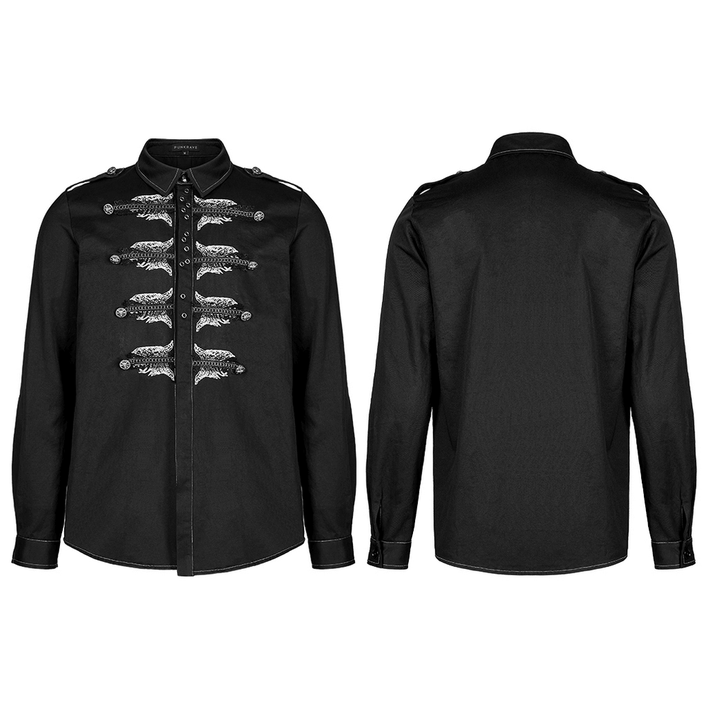 Gothic shirt featuring intricate fish embroidery and a sleek black design, perfect for punk fashion lovers.