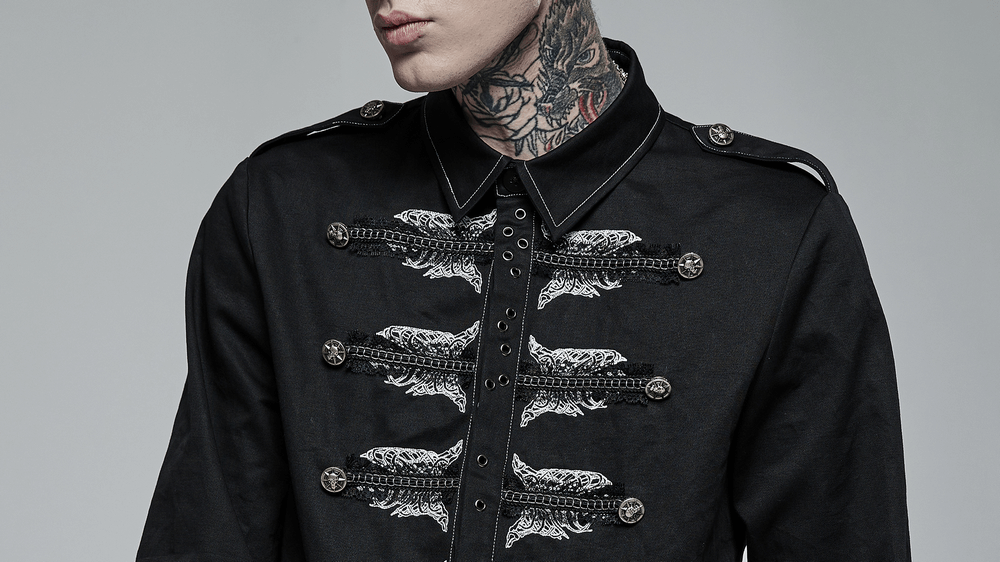 Gothic Skull Embroidered Slim Fit Punk Shirt - HARD'N'HEAVY