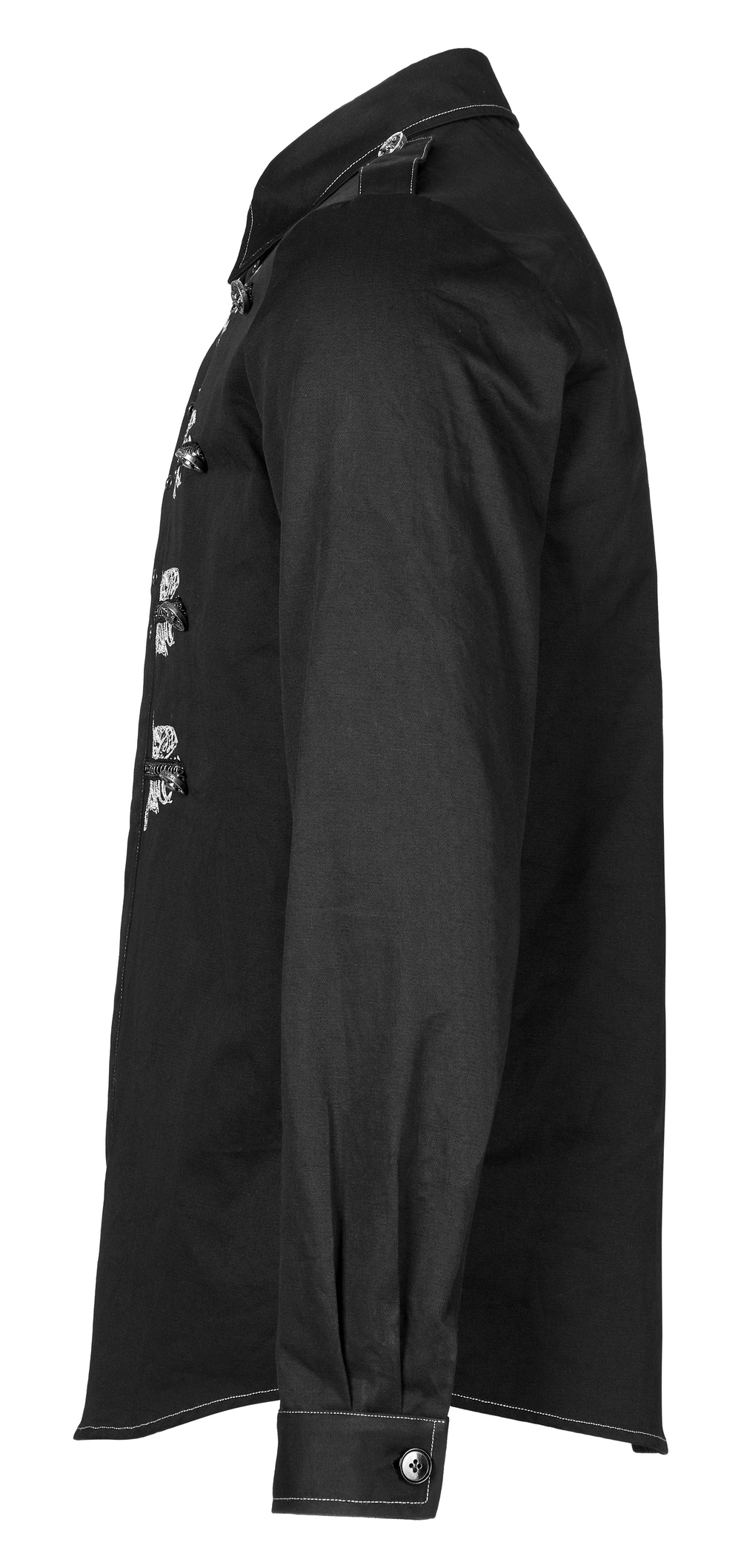 Side view of a Gothic skull embroidered slim fit punk shirt in black cotton twill with lace detail.