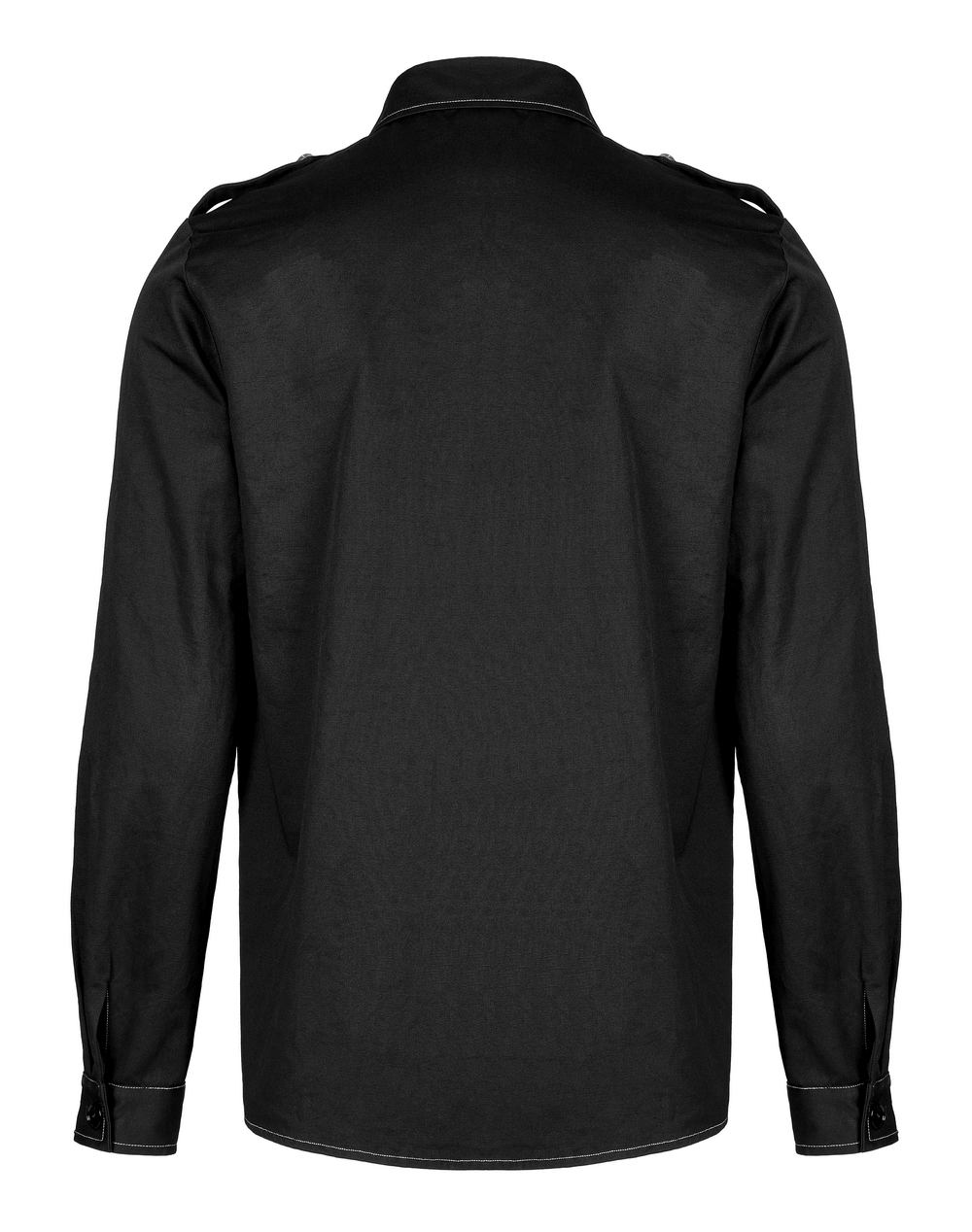 Back view of Gothic Skull Embroidered Slim Fit Punk Shirt in solid black cotton twill with stylish shoulder detailing.