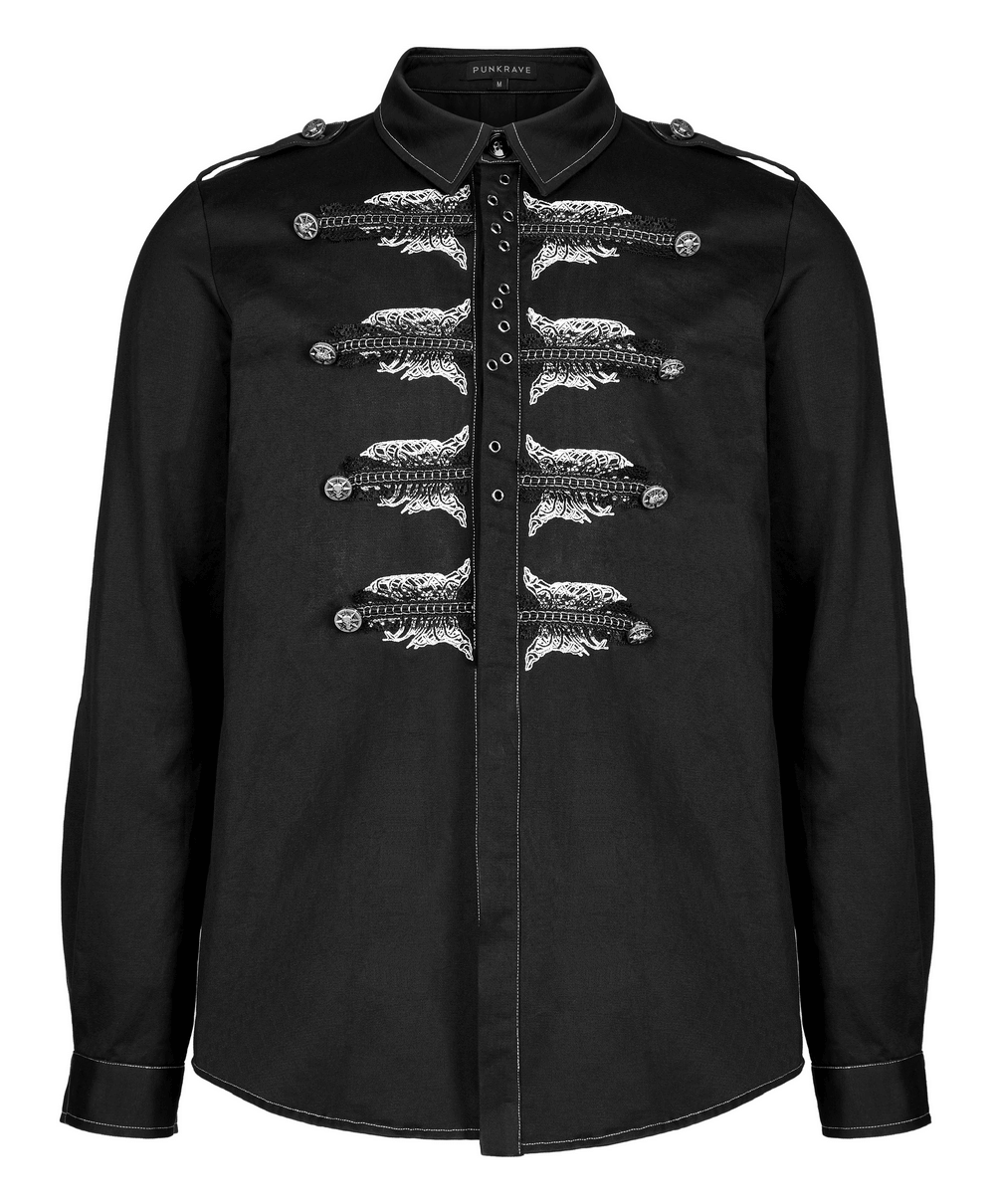 Gothic skull embroidered black slim fit punk shirt with stylish lace detail and buttons.