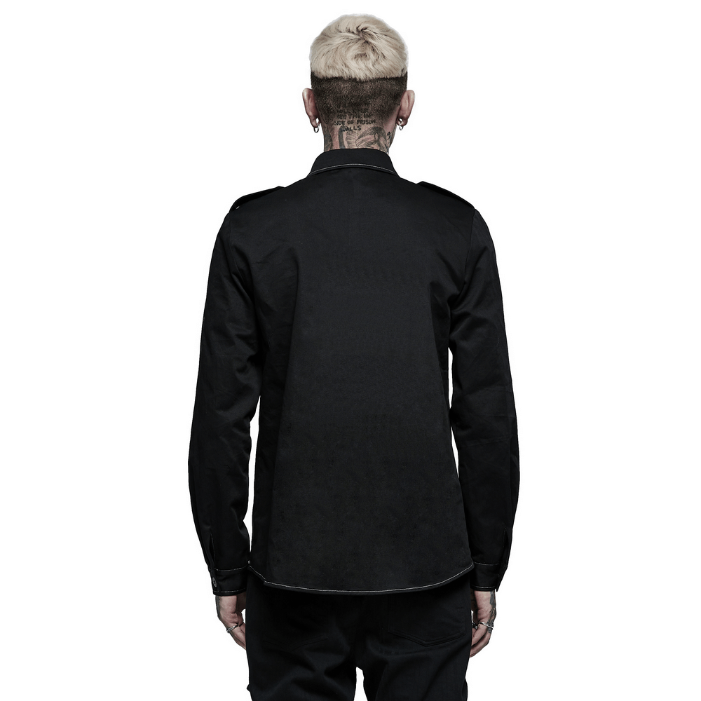 Back view of a gothic skull embroidered slim fit punk shirt in black fabric, showcasing its sleek design.