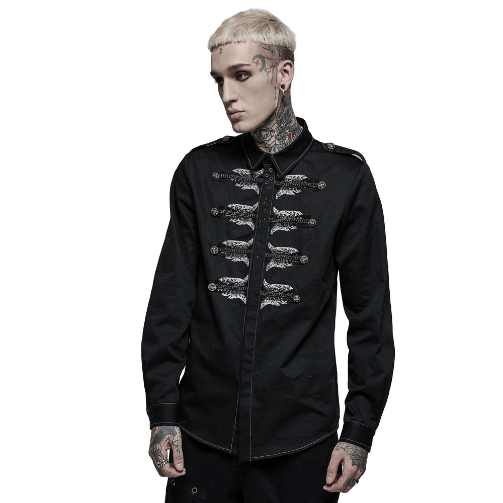 Gothic skull embroidered slim fit punk shirt with lace detail, perfect for edgy fashion enthusiasts.