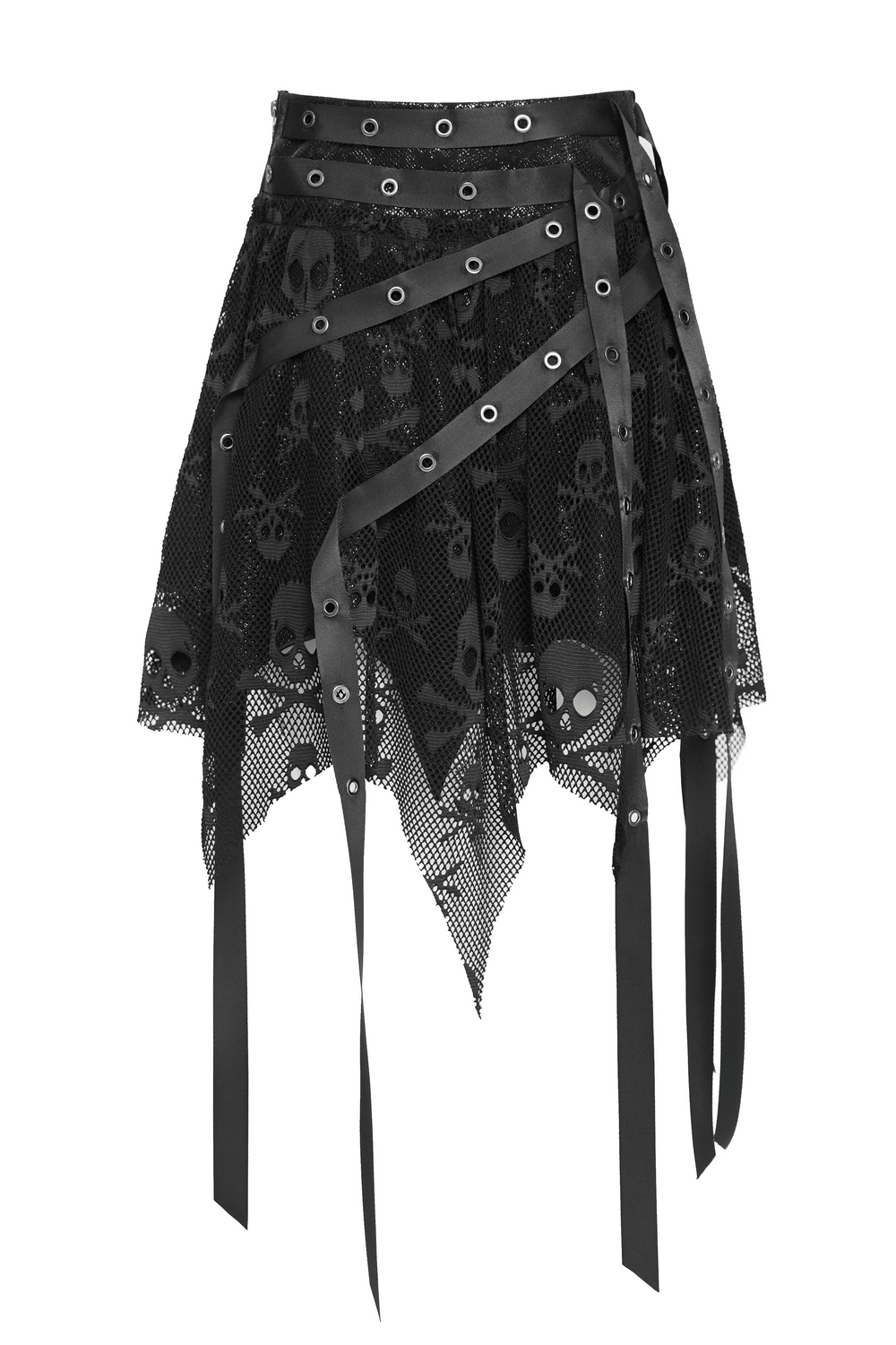Gothic Skull Lace Mini Skirt with Strap Details showcasing sheer mesh, jagged hem, and star buckle accents.