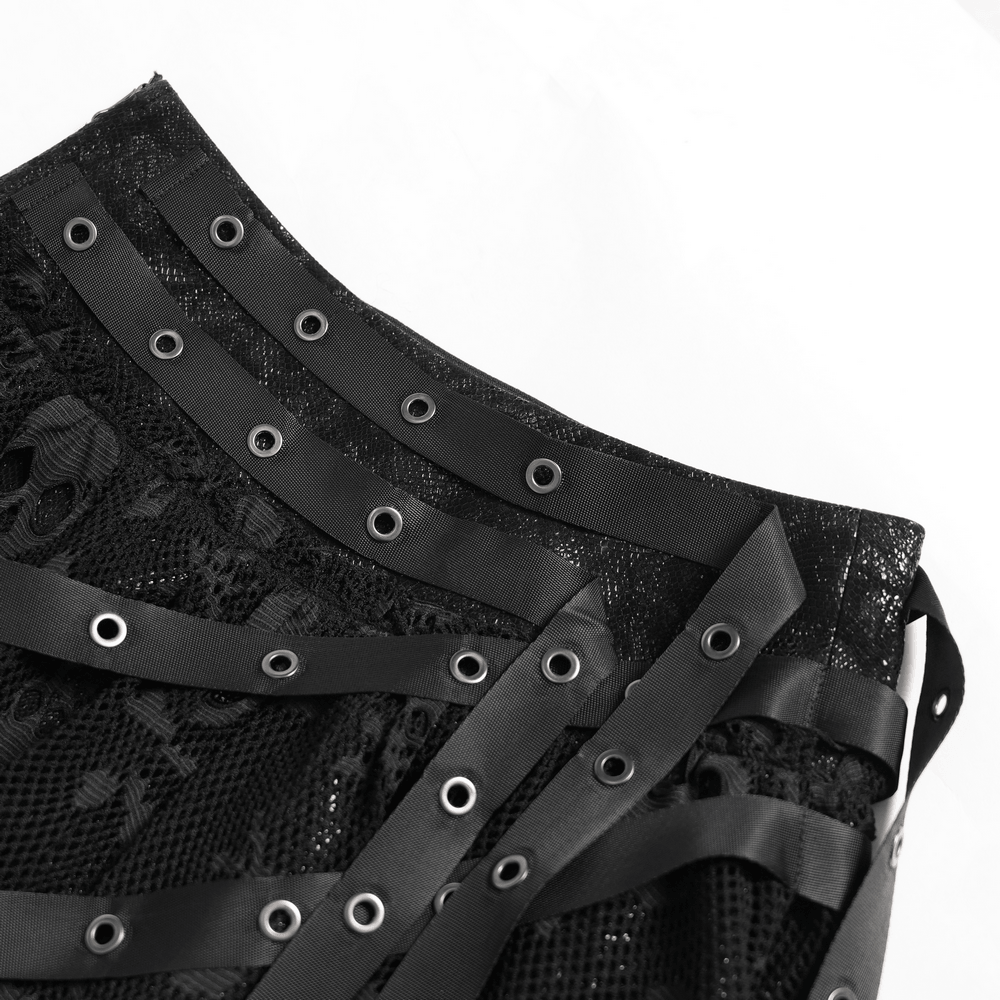 Close-up of Gothic Skull Lace Mini Skirt with Strap Details showcasing eyelet bands and punk style embellishments.