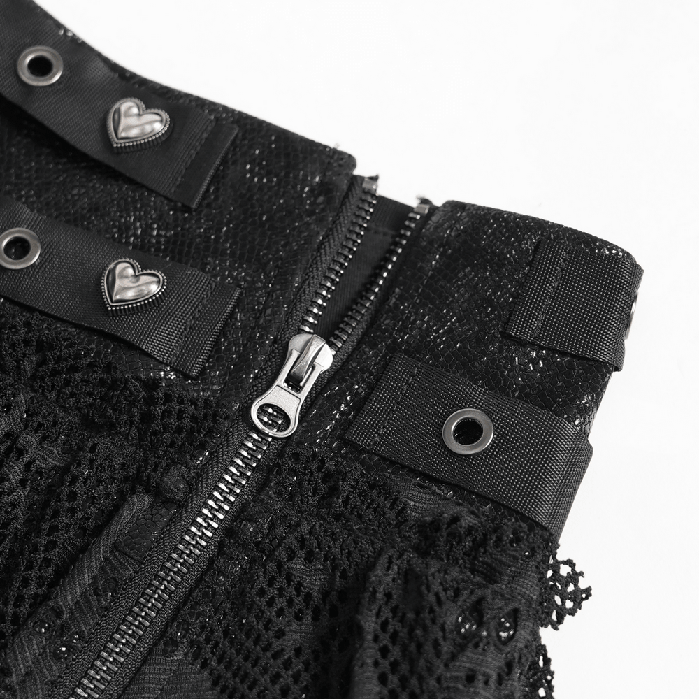 Gothic Skull Lace Mini Skirt with Strap Details showing intricate lace texture and decorative heart buckles.