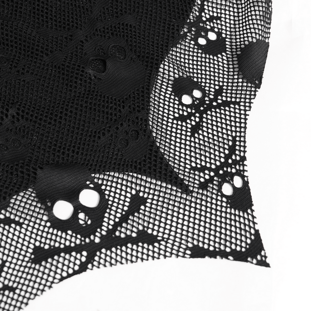 Gothic Skull Lace Mini Skirt with Strap Details featuring black mesh with skull and crossbones pattern.