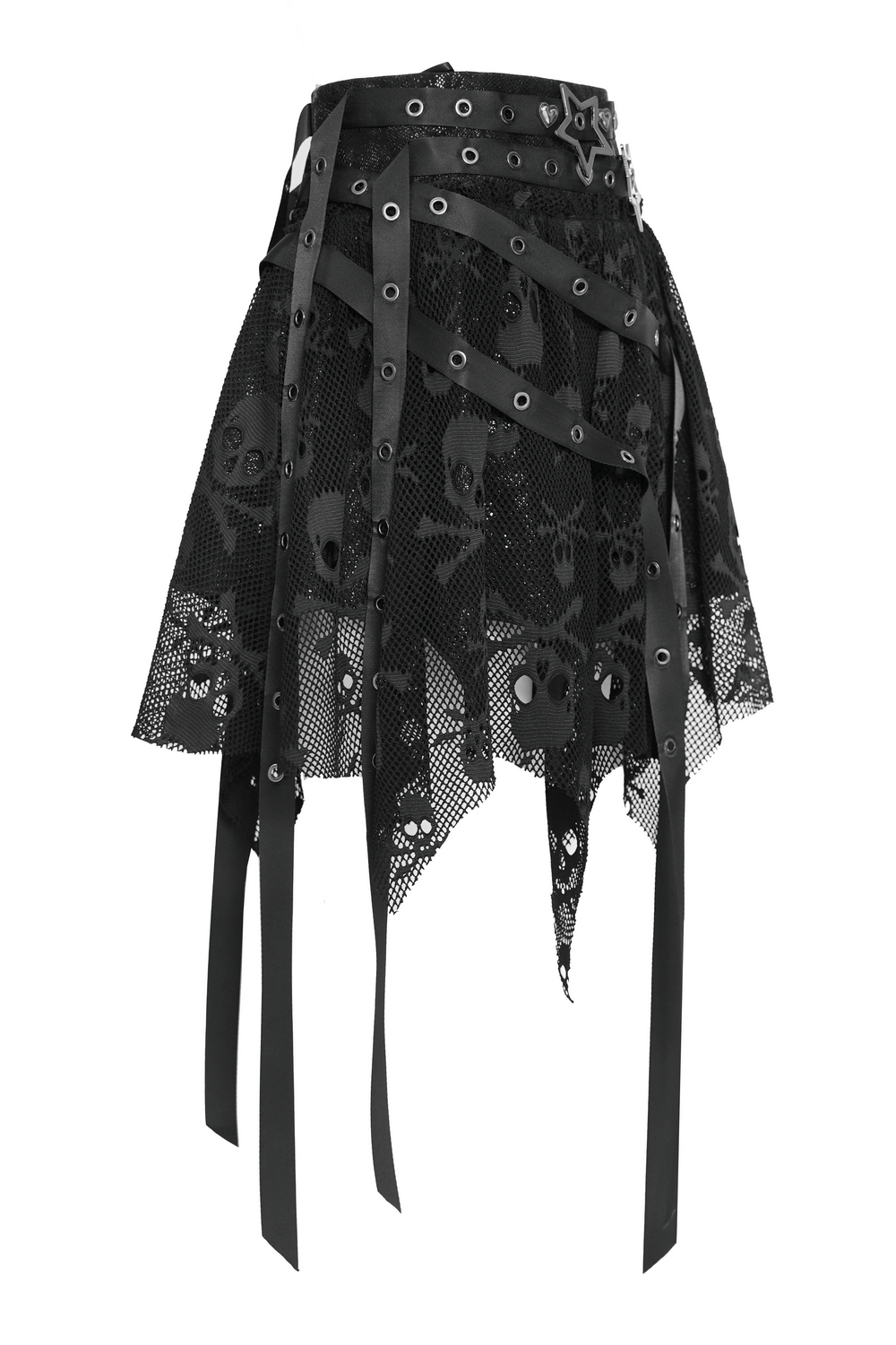 Gothic Skull Lace Mini Skirt with Strap Details showcasing sheer mesh layers, jagged hem, and bold buckle accents.