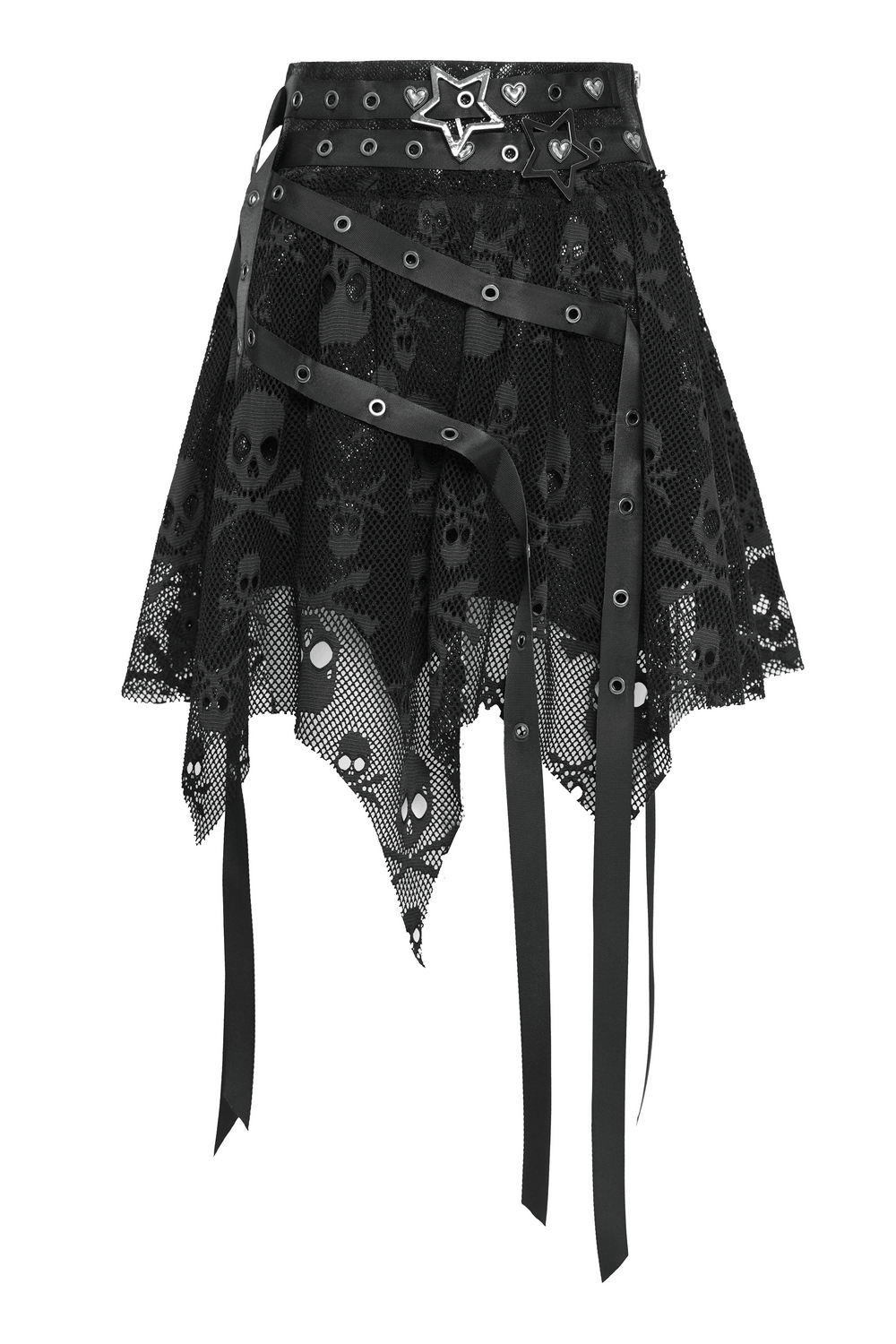 Gothic Skull Lace Mini Skirt with Strap Details featuring sheer mesh and punk star buckles.