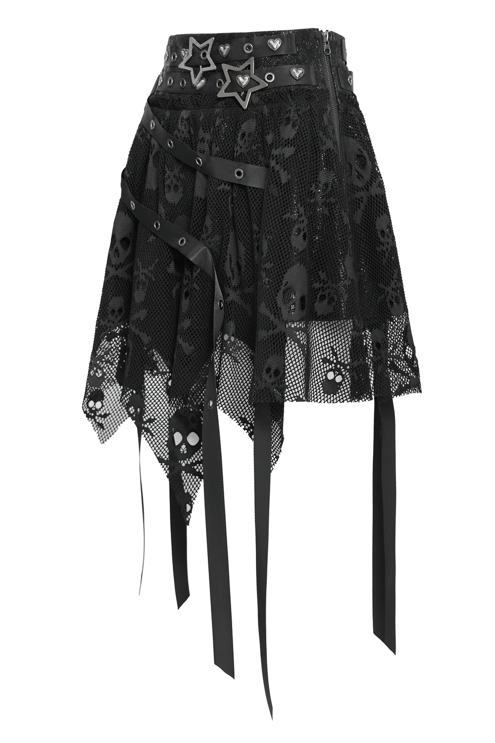 Gothic Skull Lace Mini Skirt with Strap Details featuring jagged hem and star buckles.