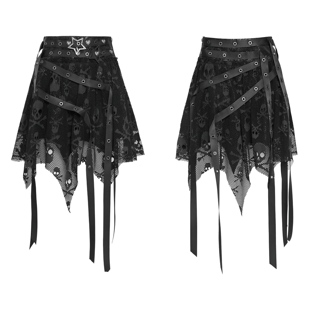 Gothic Skull Lace Mini Skirt with Strap Details featuring sheer mesh and punk star buckles.