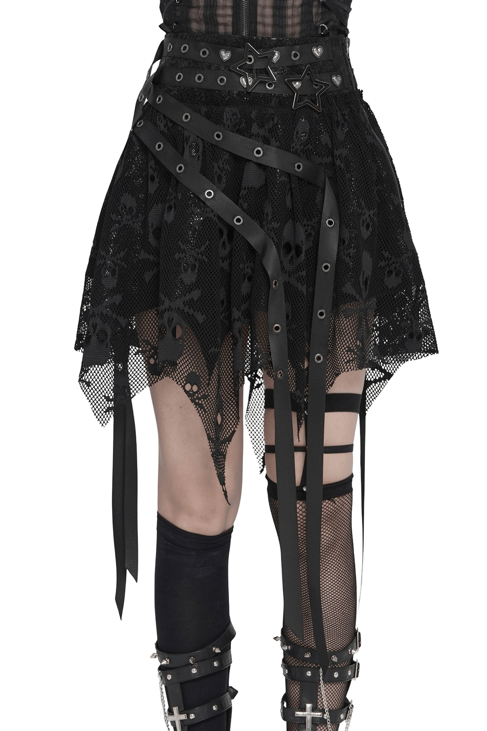 Gothic Skull Lace Mini Skirt with Strap Details featuring sheer mesh layers and star buckle accents.
