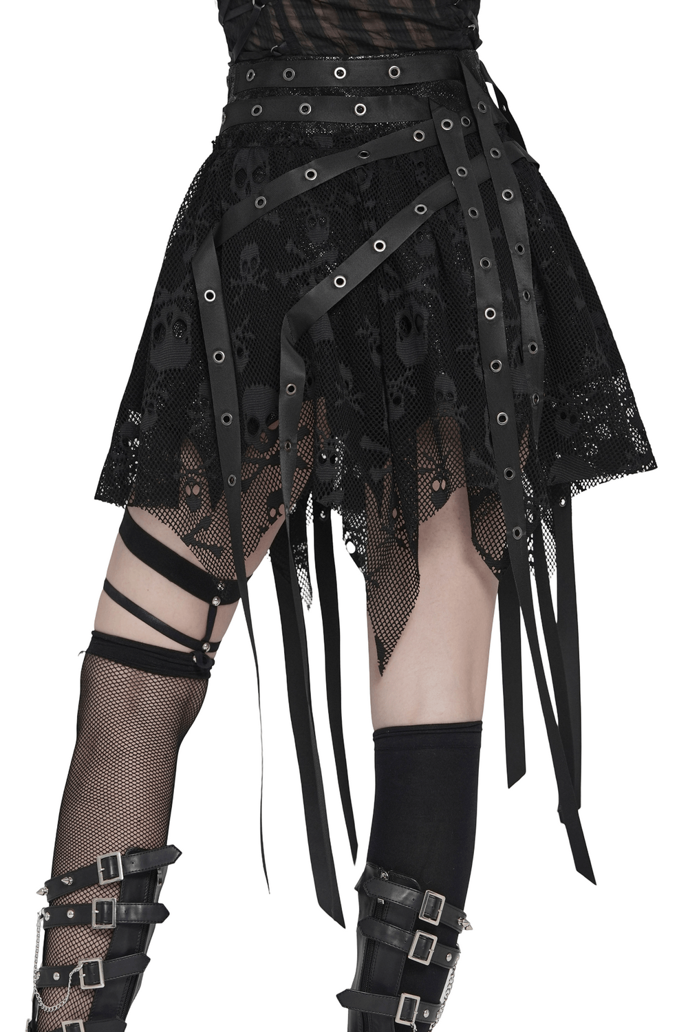 Gothic Skull Lace Mini Skirt with Strap Details showcasing sheer mesh and bold strap accents.