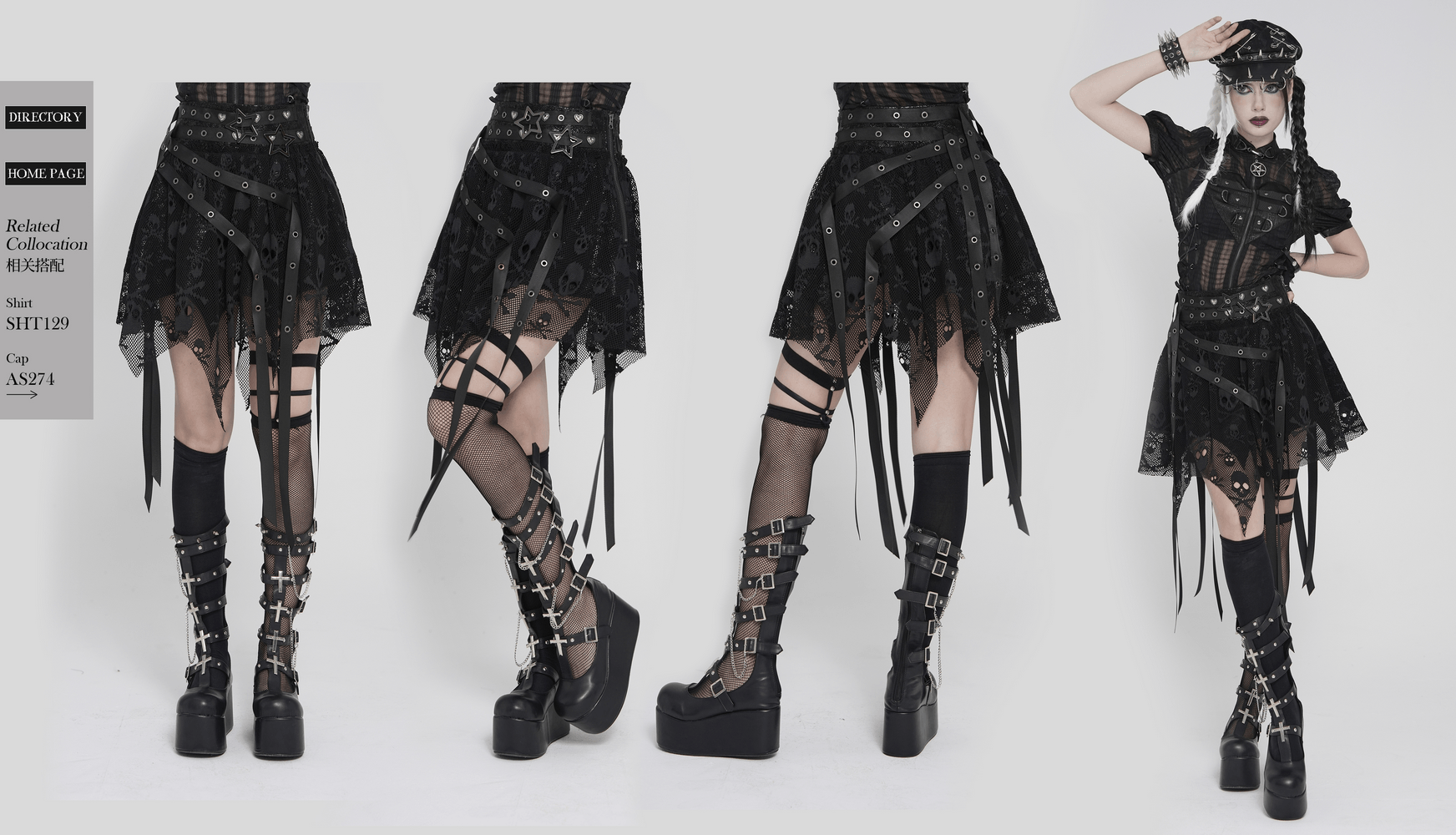 Gothic Skull Lace Mini Skirt with Strap Details showcasing sheer mesh, jagged hem, and bold strap details on a model.