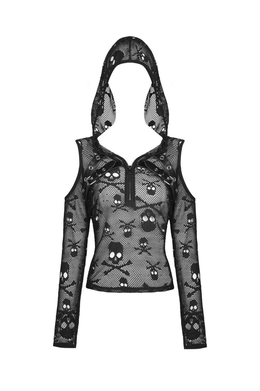 Edgy Gothic skull mesh hoodie top with cold shoulders and long sleeves, perfect for streetwear style.