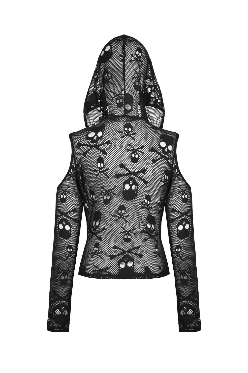 Back view of a gothic black mesh hoodie with skull pattern and cold shoulder design, perfect for edgy streetwear.