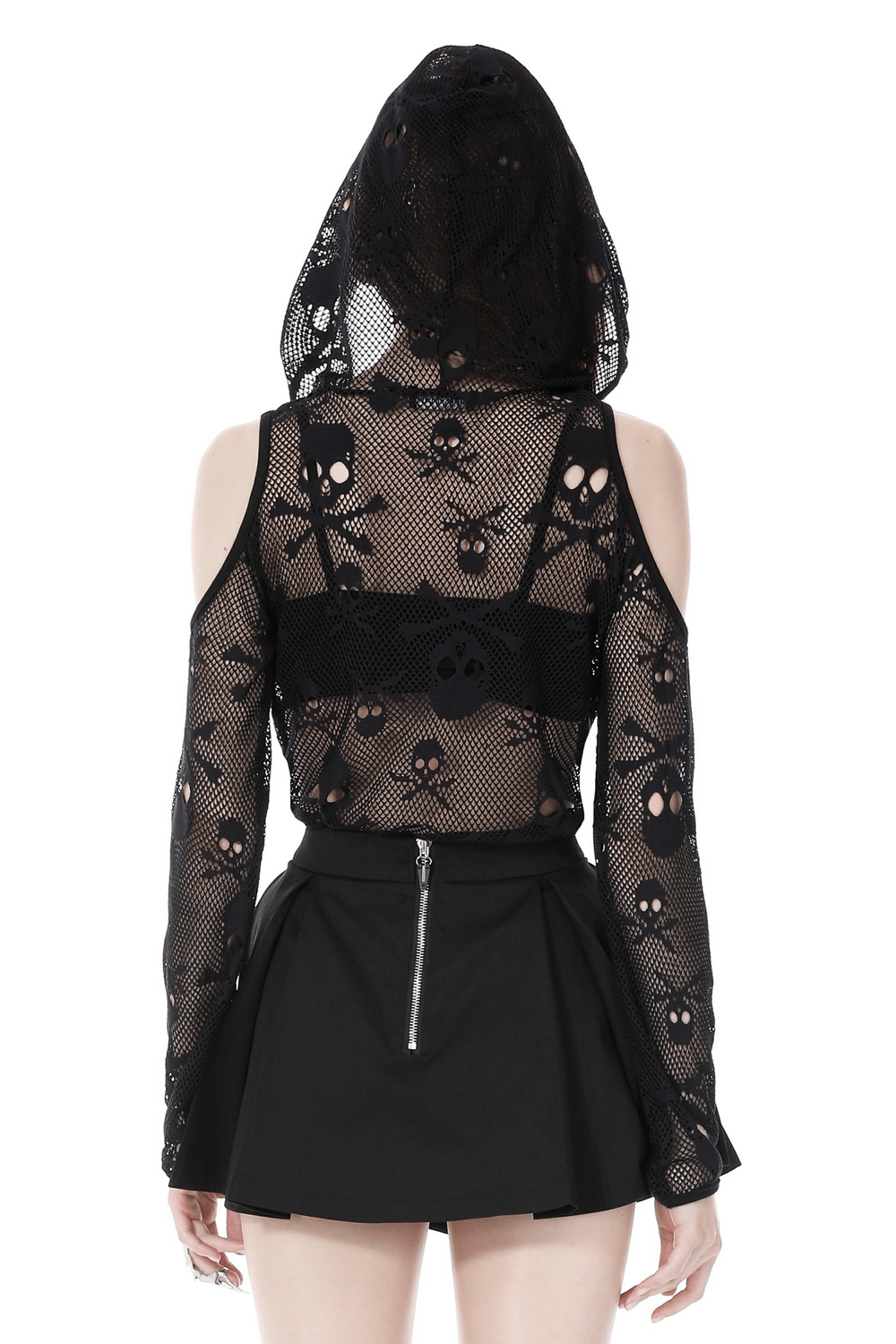 Back view of a Gothic skull mesh cold shoulder hoodie top with fishnet fabric, perfect for edgy streetwear style.