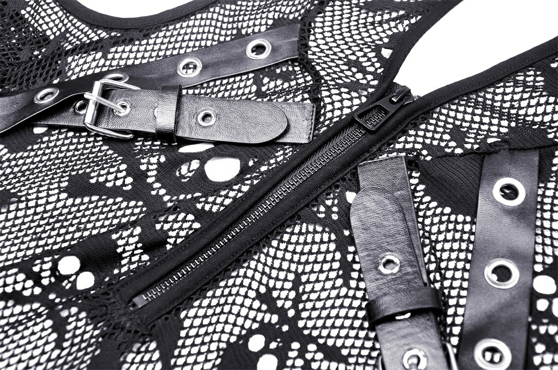 Close-up of gothic black fishnet fabric with buckles and zippers, perfect for edgy streetwear style.