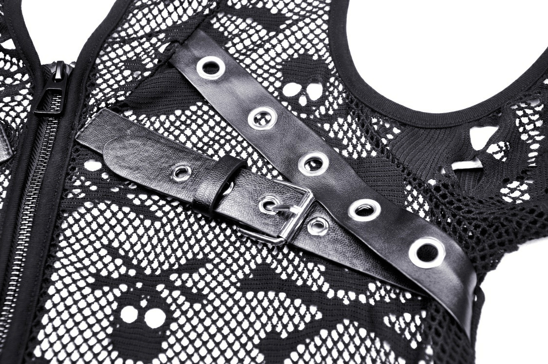 Gothic black fishnet top with skull pattern and leather buckle for edgy streetwear style.