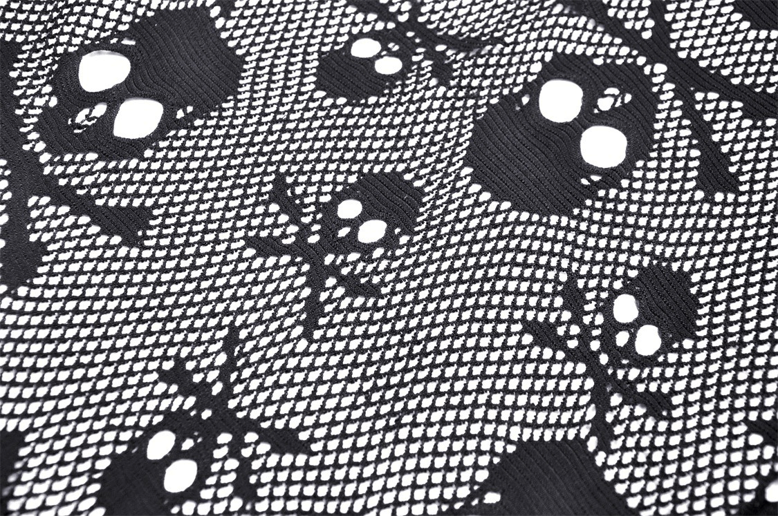 Black fishnet fabric featuring skull and crossbones pattern, perfect for an edgy gothic style top.
