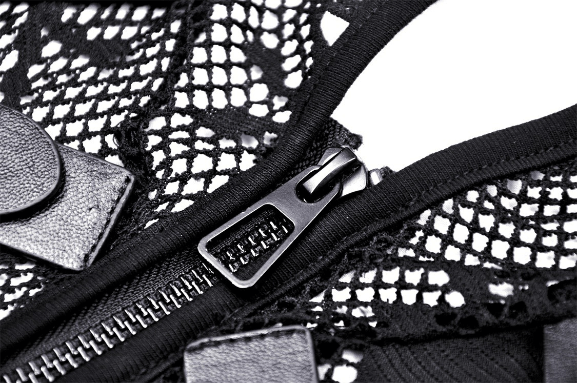 Close-up of gothic black fishnet mesh hoodie zip detailing with edgy style elements.