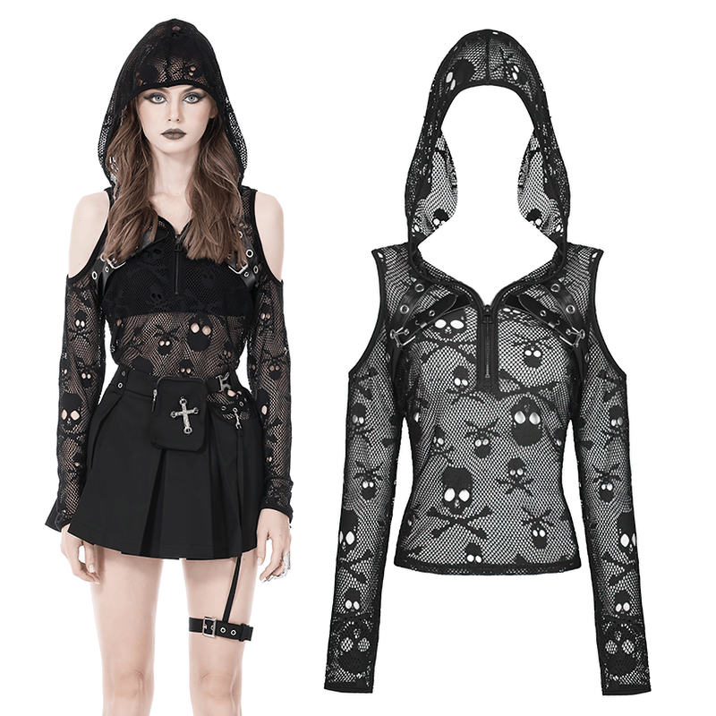 Gothic skull mesh cold shoulder hoodie top in black fishnet, perfect for edgy streetwear styling.