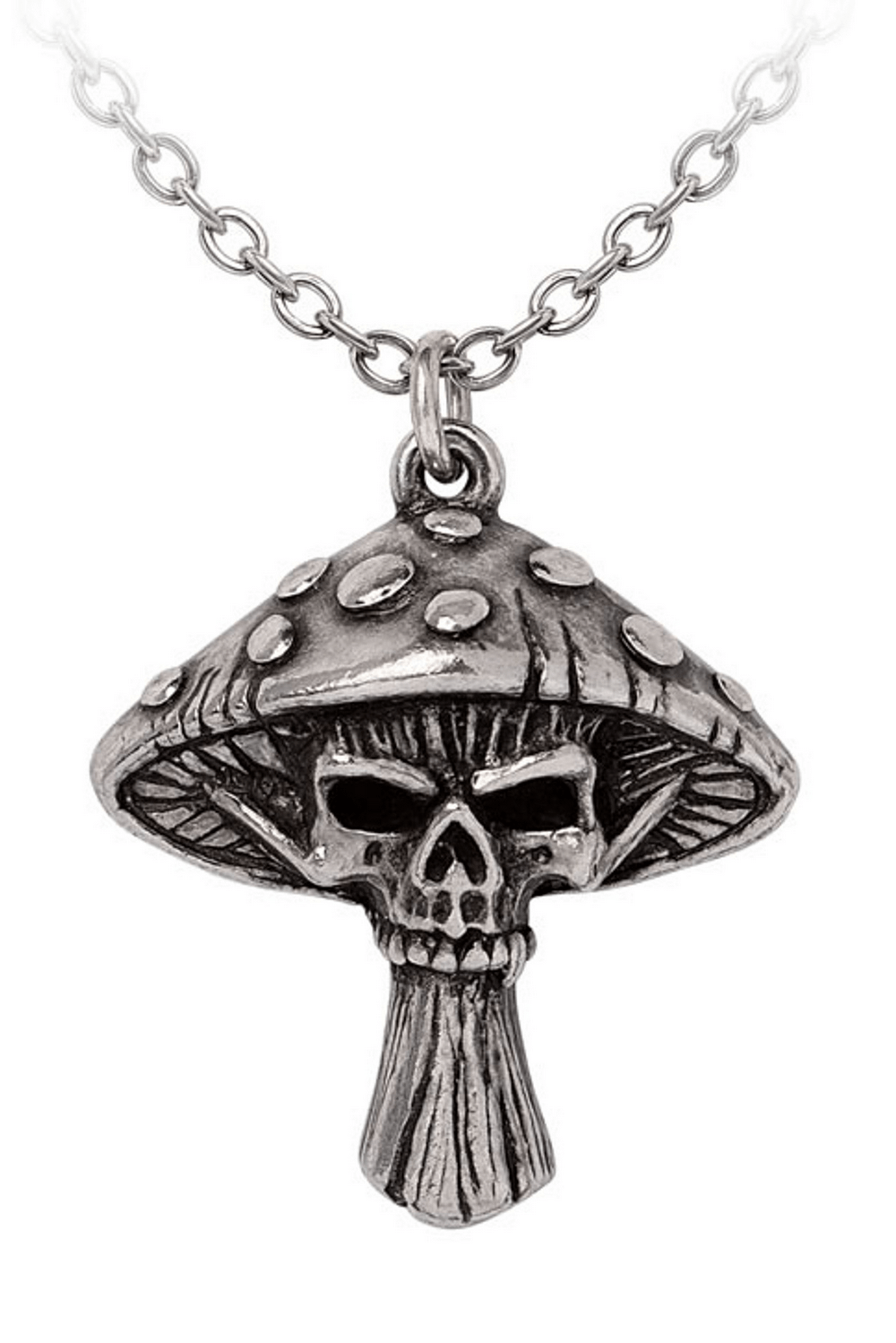 Gothic Skull Mushroom Pendant with Dark Fantasy Design featuring a pewter mushroom and skull, perfect for witchcraft lovers.
