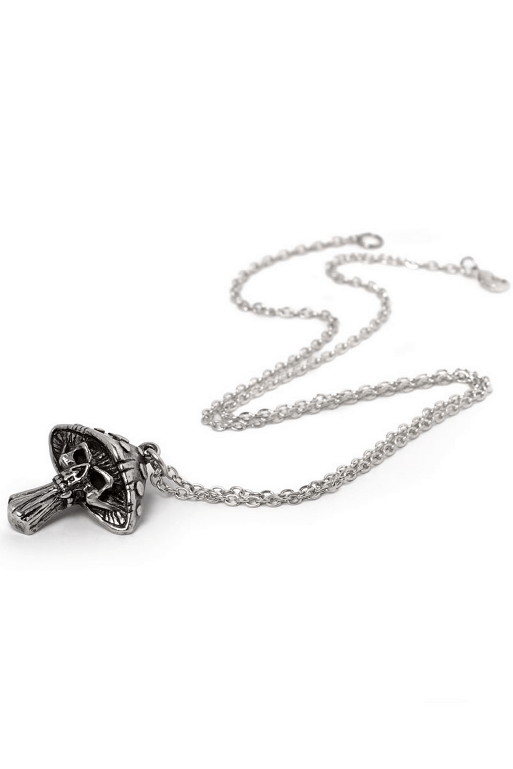 Gothic Skull Mushroom Pendant with Dark Fantasy Design on a silver chain showcasing its intricate detail.