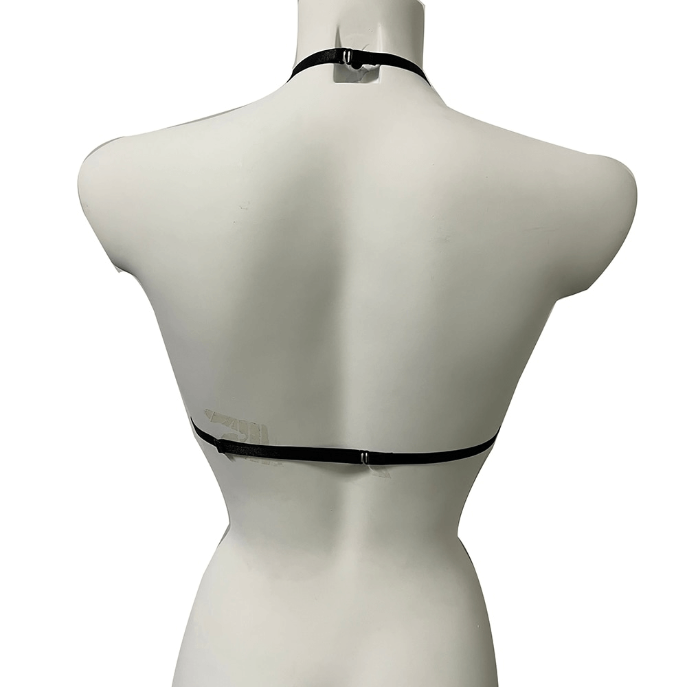 Back view of gothic skull patch open chest harness bra showcasing adjustable bondage straps.