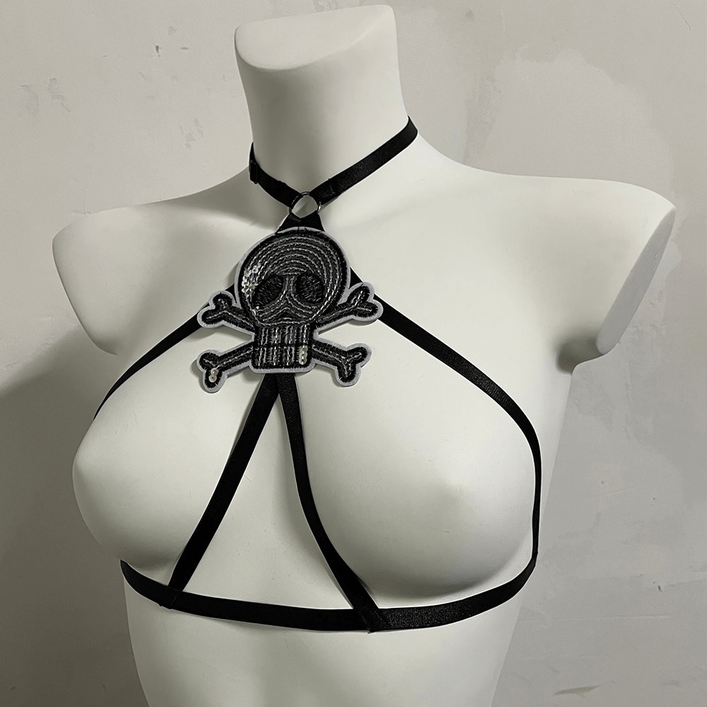 Gothic Skull Patch Open Chest Harness Bra / Sexy Women's Adjust Bondage - HARD'N'HEAVY