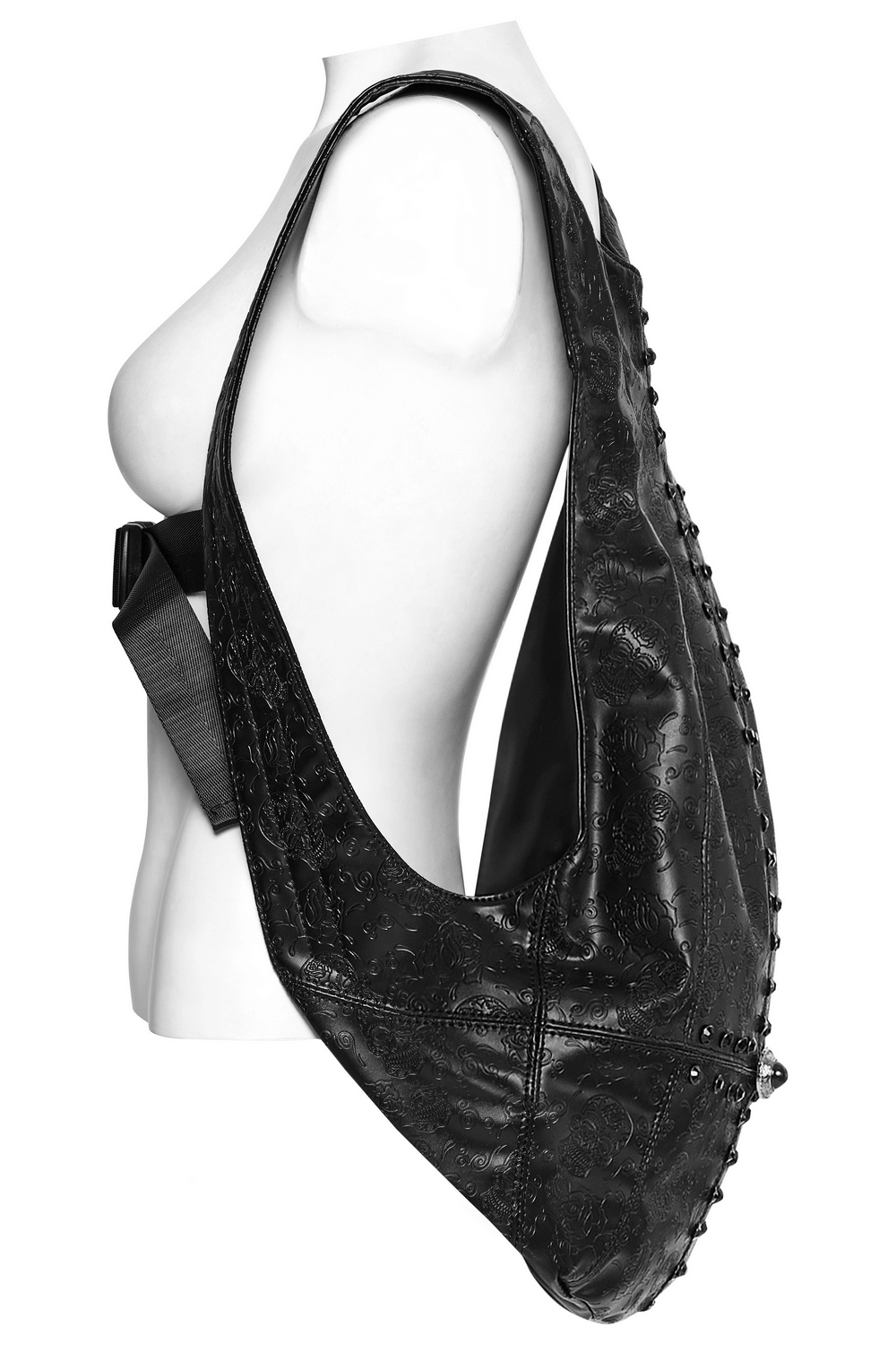 Gothic skull pattern faux leather backpack showcasing stylish buckle and unique dark design. Perfect for edgy fashion lovers!